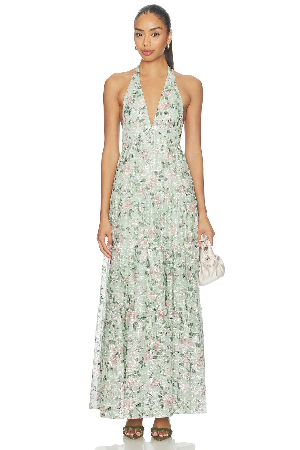 Alice + Olivia Maura Embroidered Deep V Halter Tiered Maxi Dress in Garden  Gossip Light Sage | REVOLVE