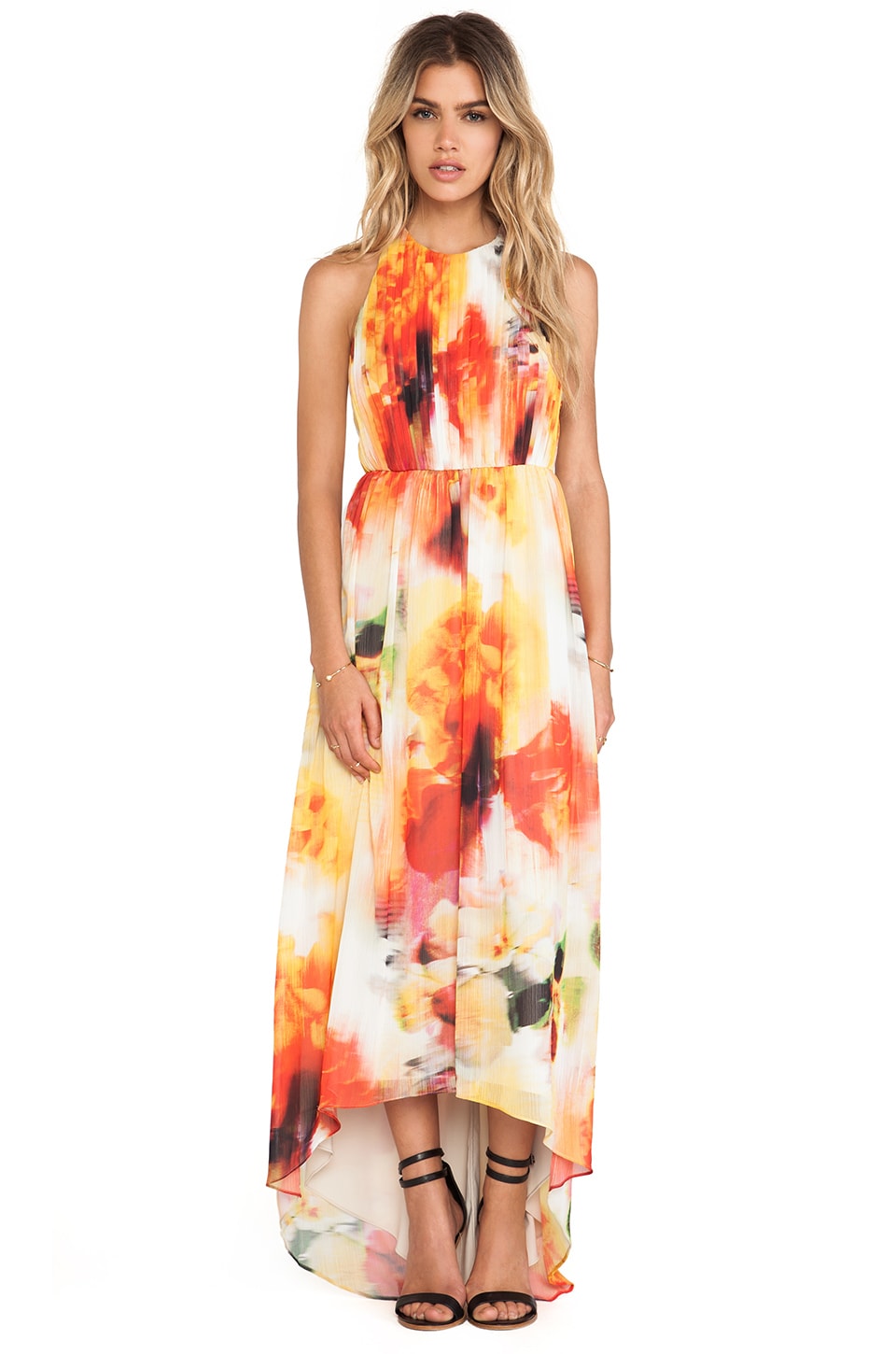 Alice + Olivia Ryan High Neck Leather T-Back Maxi Dress in Sunset