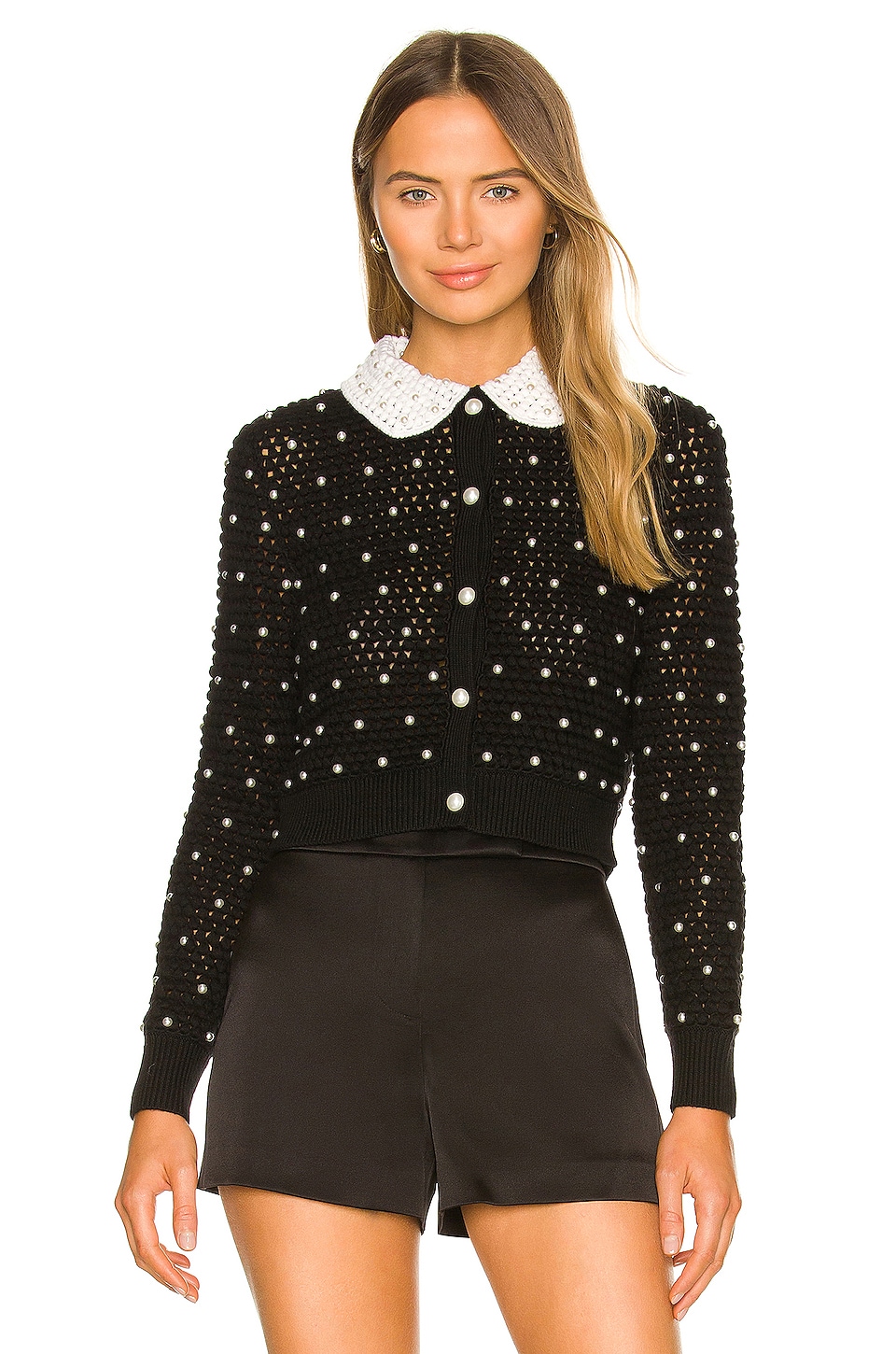 Alice + Olivia Collins Crochet Pearl Cardigan in Black & Soft White