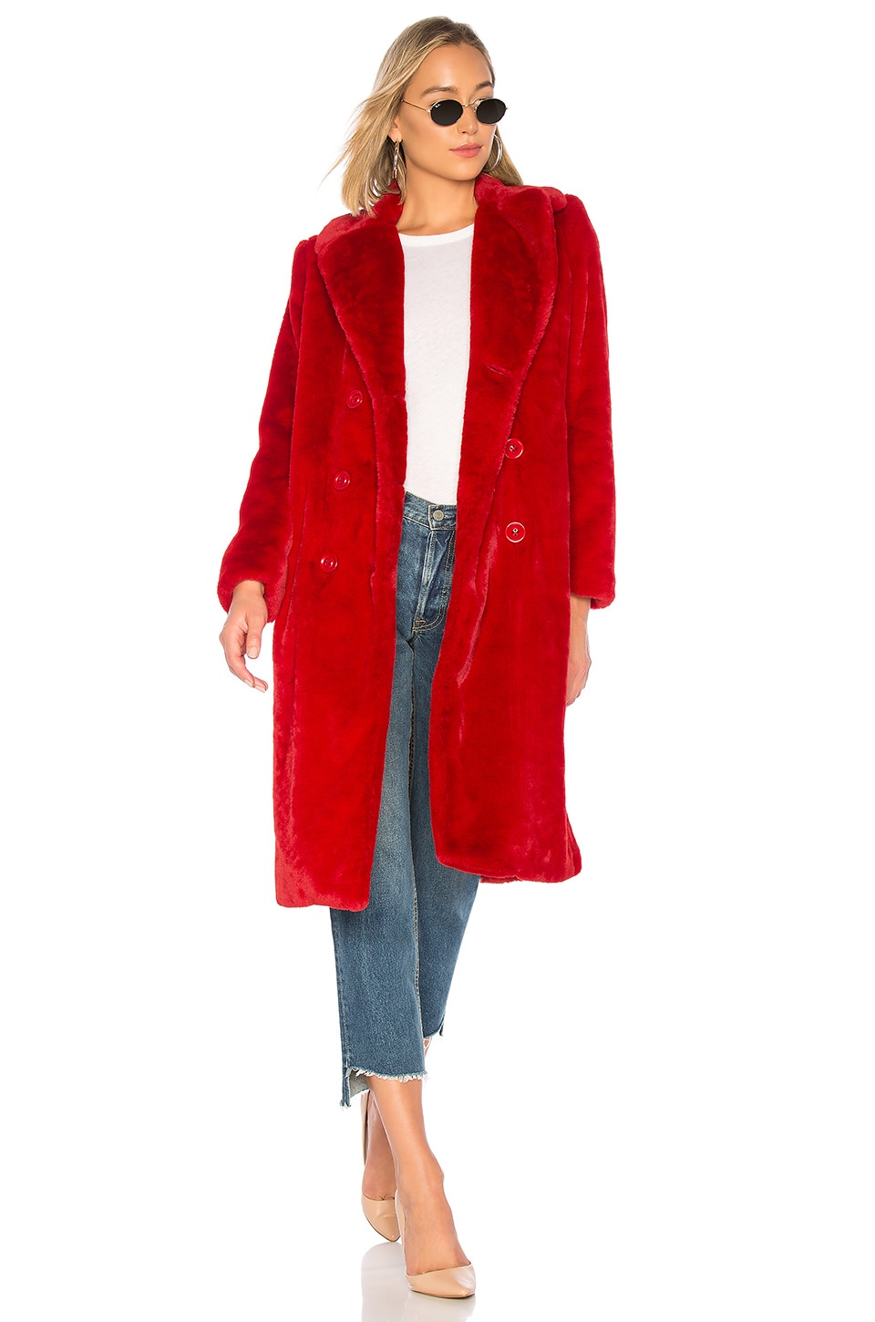 Alice + Olivia Montana Faux Fur Pea Coat in Ruby | REVOLVE