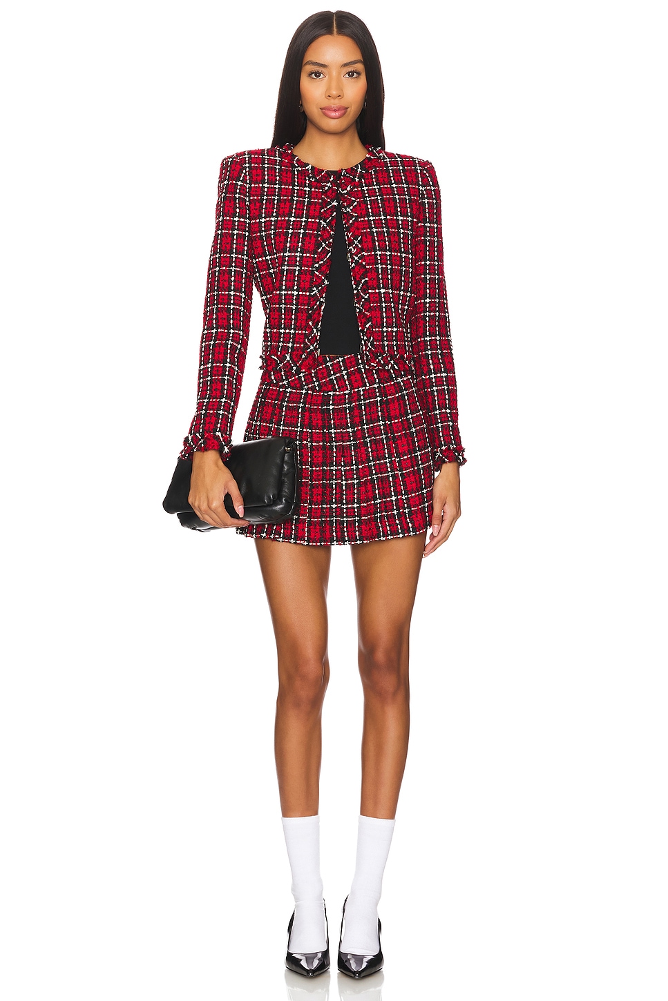 alice + olivia Kidman Jacket in School Girl Plaid Bright Ruby thumbnail