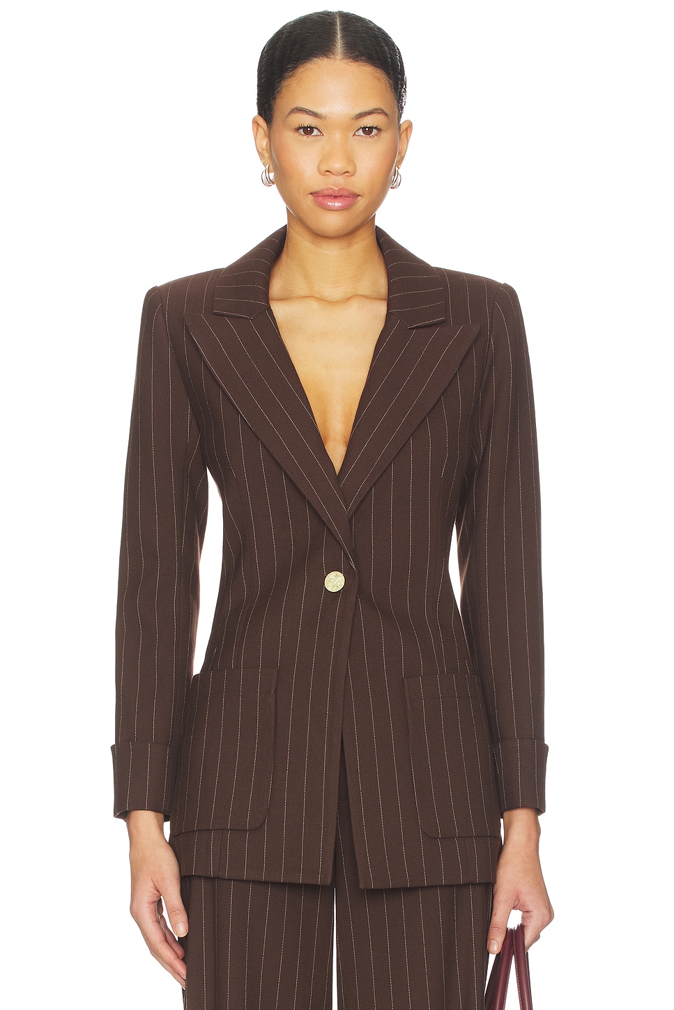 Alice + Olivia Burns Fitted Roll Cuff Blazer in Dark Chocolate