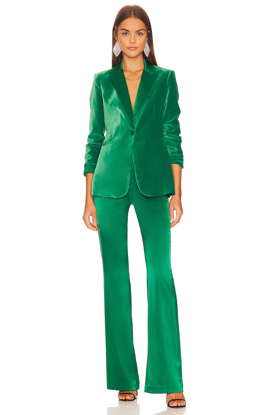 Matching bright green blazer and trousers look