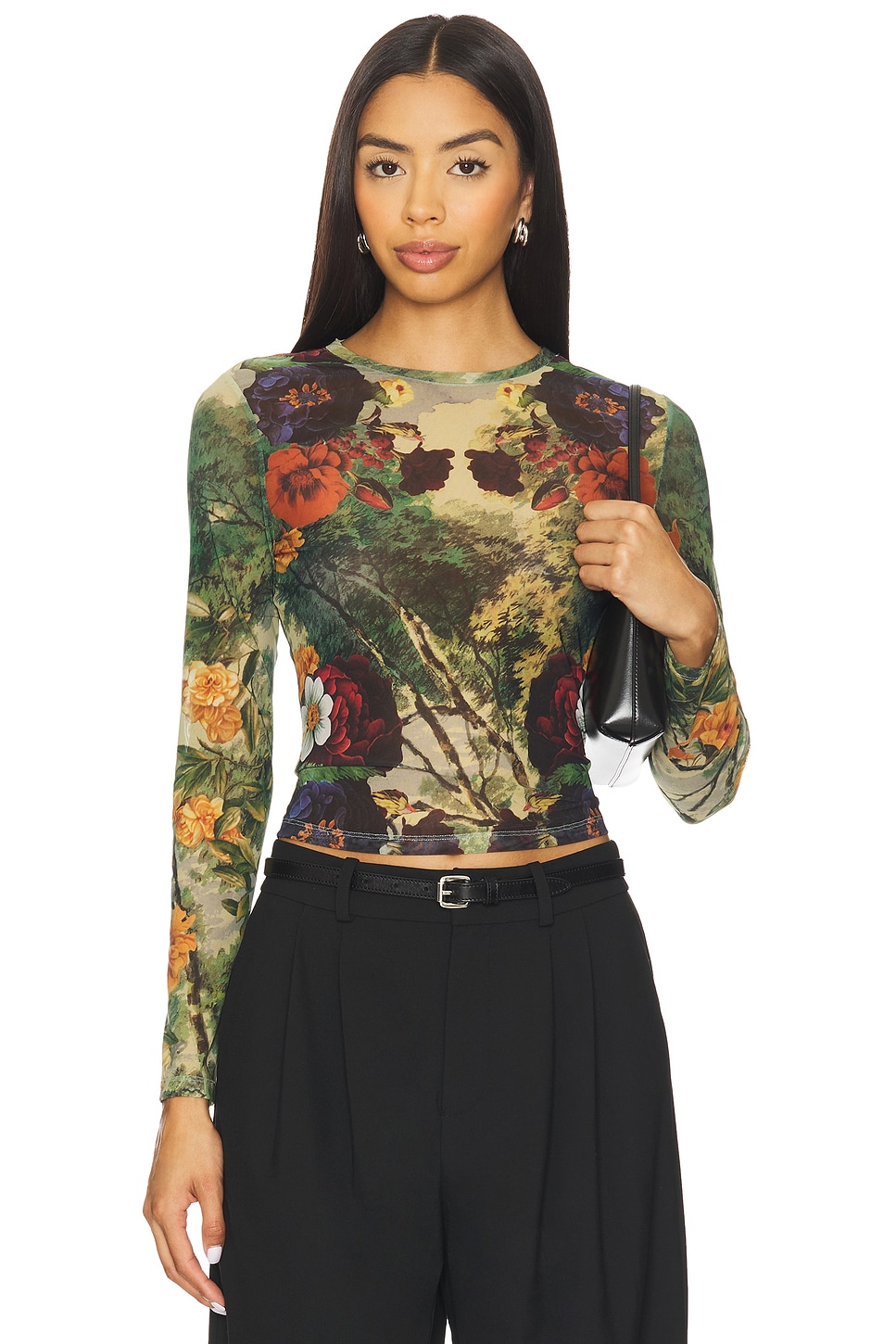 Alice + Olivia Delaina Printed Mesh Long Sleeve Crop Top in