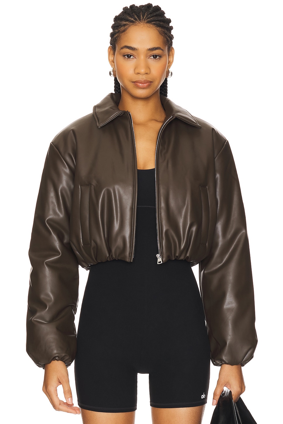 alo - Faux Leather Cropped Premier Bomber Jacket | Plush