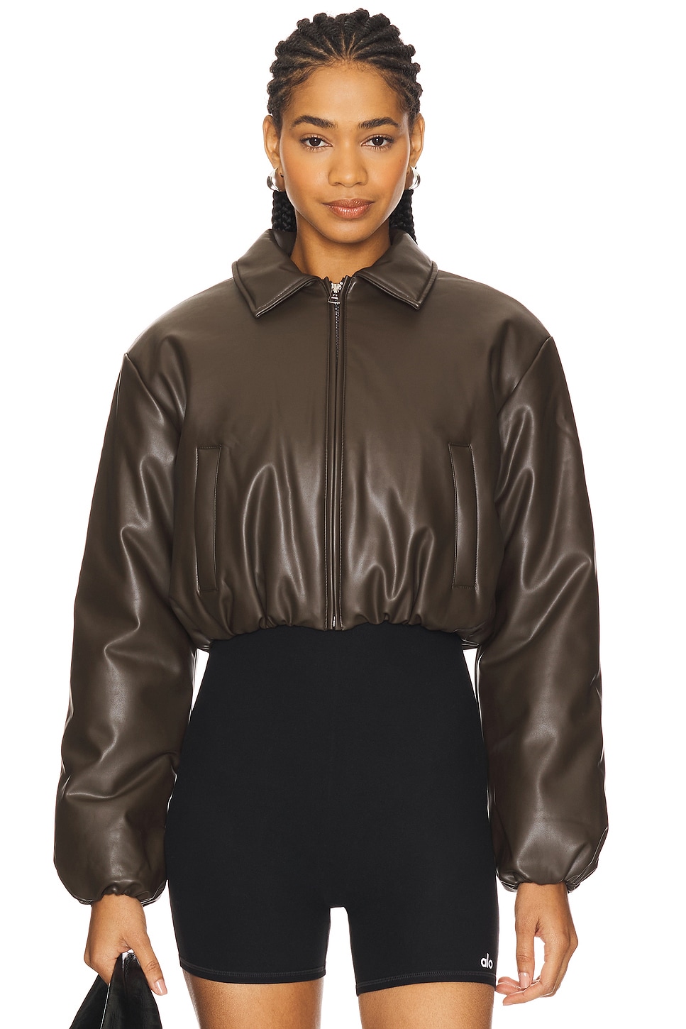 alo Faux Leather Cropped Premier Bomber Jacket