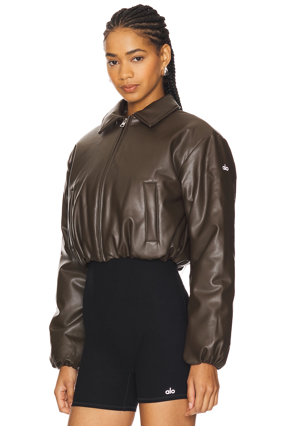 alo Faux Leather Cropped Premier Bomber Jacket