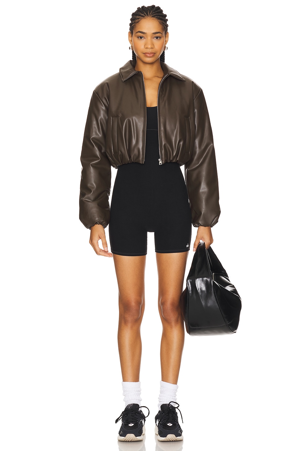 alo Faux Leather Cropped Premier Bomber Jacket