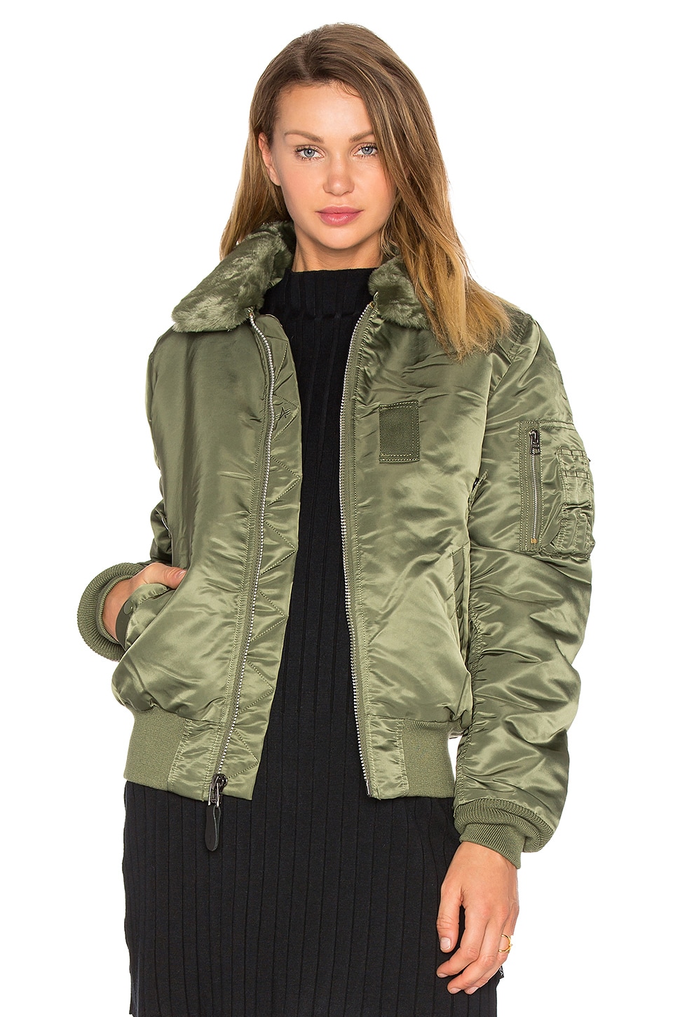 ALPHA INDUSTRIES B-15 Slim Fit Bomber with Faux Fur Collar in Sage ...