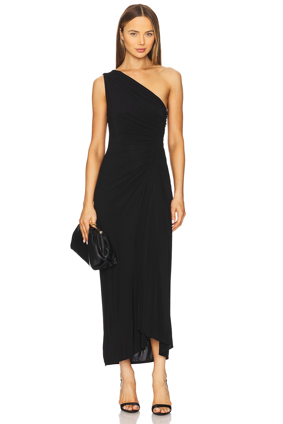 ROBE MIDI ASYMÉTRIQUE UNE ÉPAULE DÉNUDÉE CAROLINE en Black