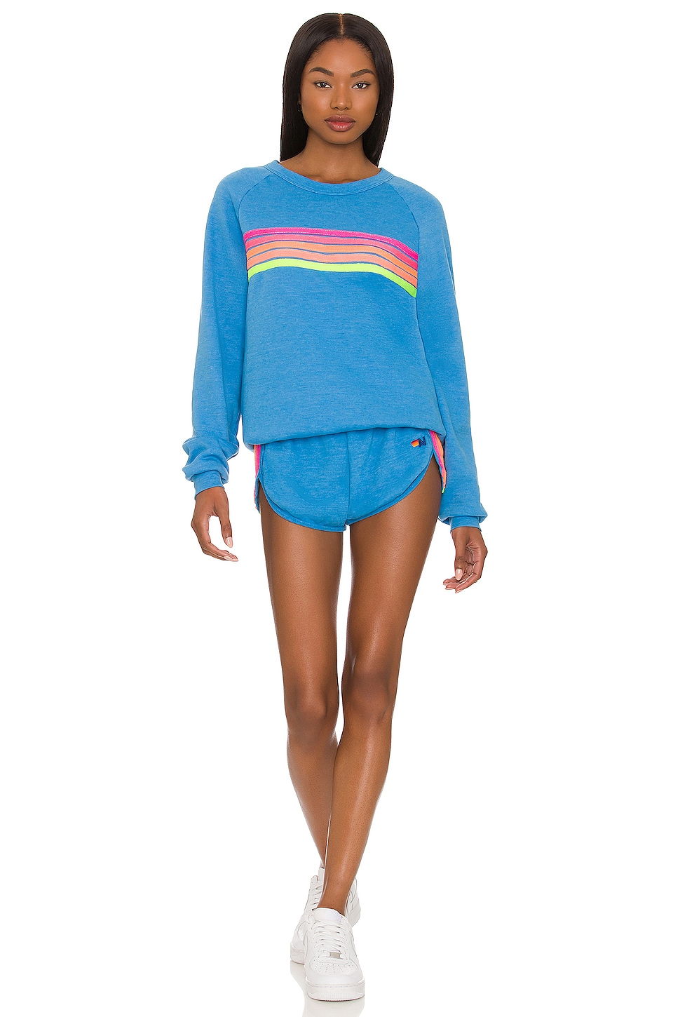 Aviator Nation X Revolve 5 Stripe Crew Sweatshirt in Neon Pink