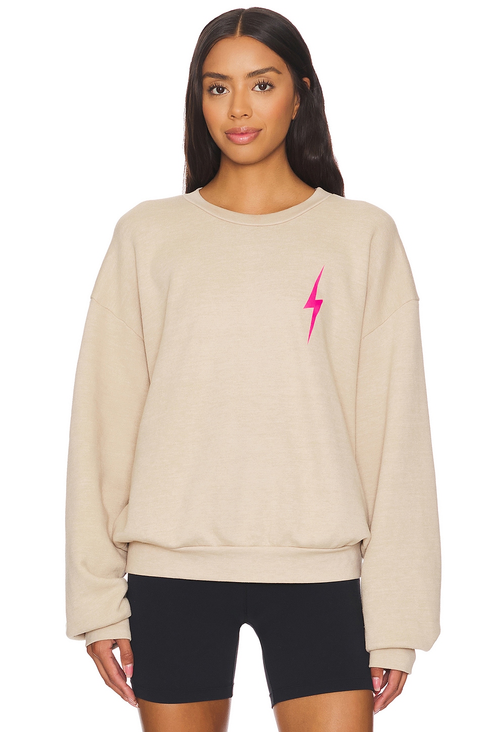 Aviator Nation Bolt 2 Relaxed Crewneck Sweatshirt in Sand Neon Pink REVOLVE