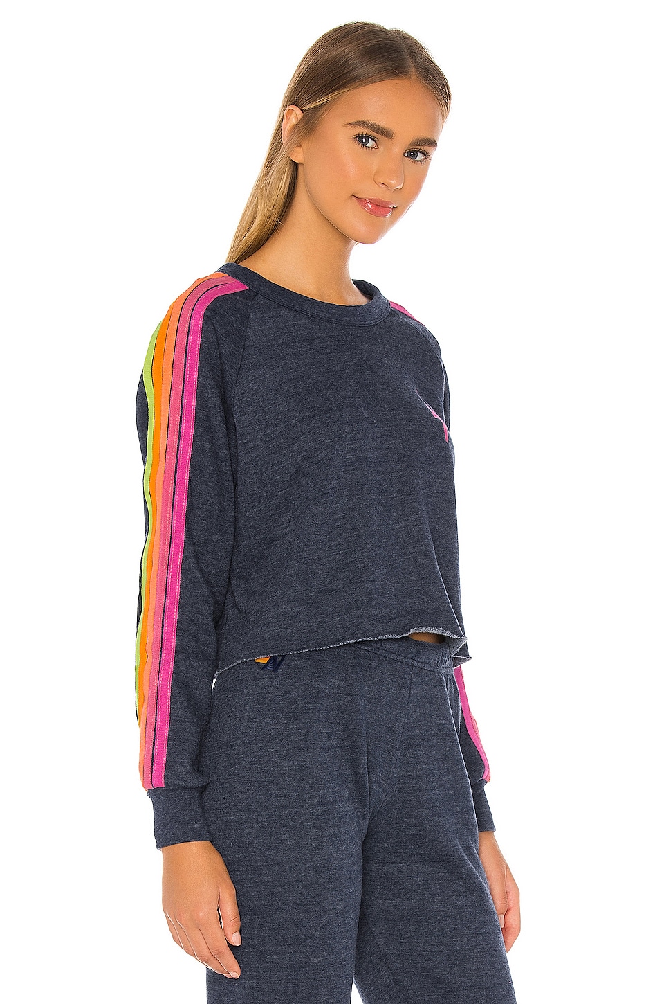 Aviator Nation Bolt Cropped Classic Crewneck in Heather Navy Neon