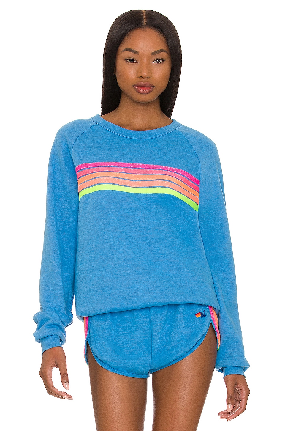 Aviator Nation 5 Stripe Crewneck Sweatshirt in Ocean & Neon Rainbow