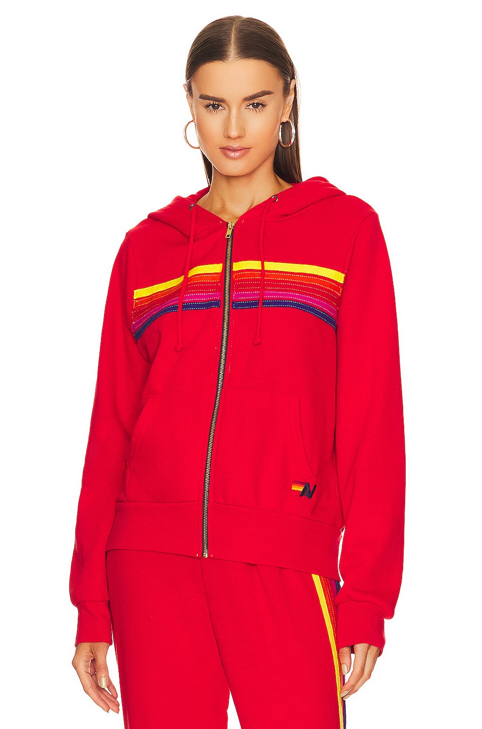 Aviator Nation 5 Stripe Zip Hoodie in Red & Yellow Purple
