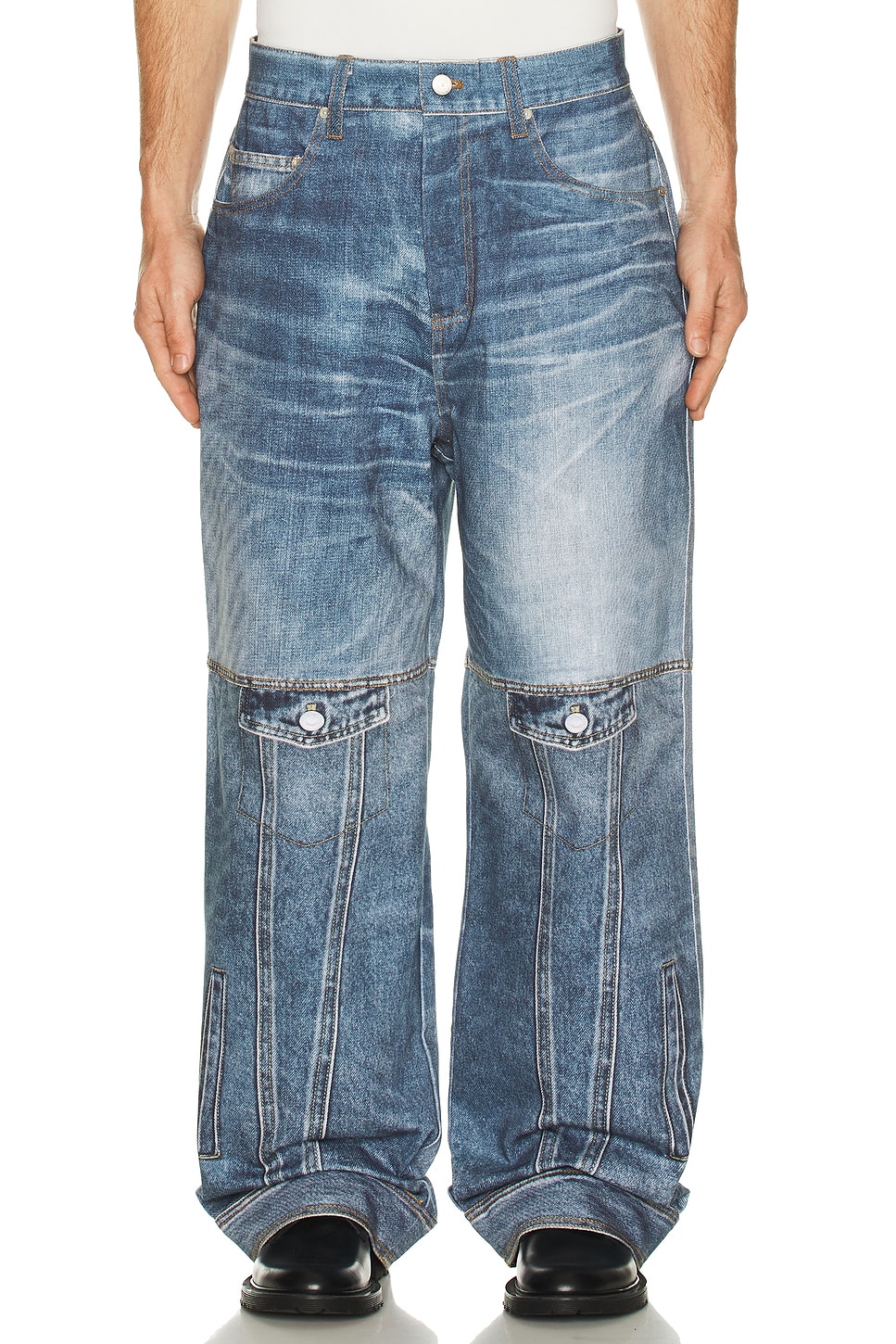 【ANDERSSON BELL】 POWER PRINTED PANTS 26 Andersson Bell Custom-Like Printed Denim Pants in Mid Blue | REVOLVE