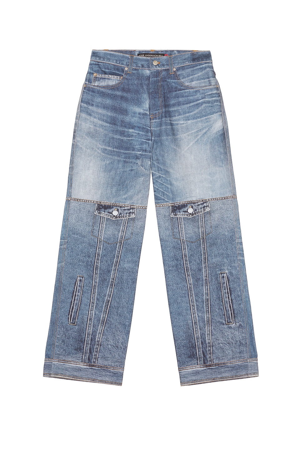 Andersson Bell Custom-Like Printed Denim Pants in Mid Blue | REVOLVE