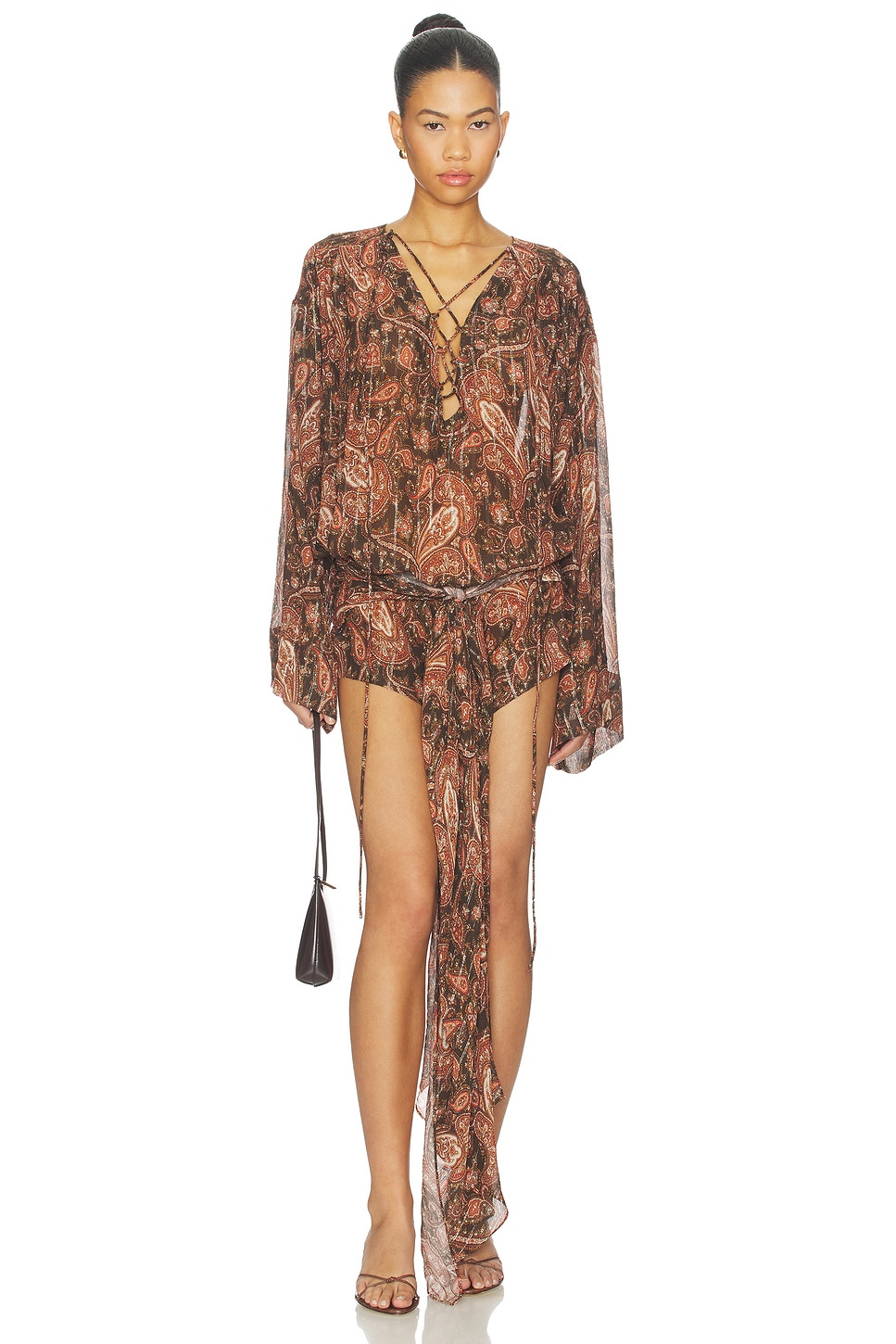 The Andamane Indira Lace Up Wrapped Mini Dress in Paisley | REVOLVE