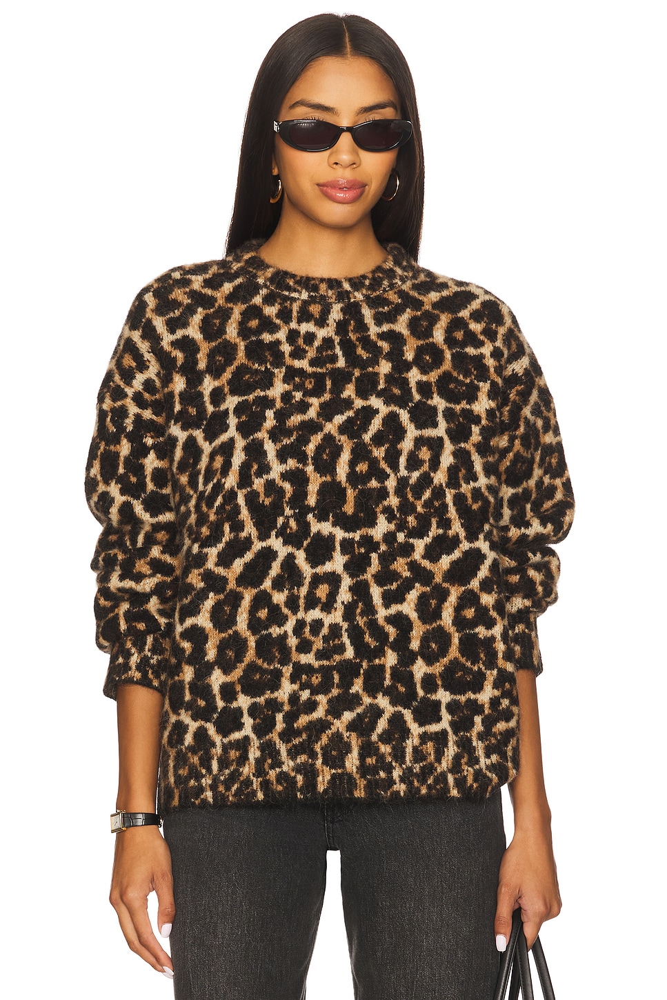 ANINE BING Sydney Crew Sweater in Black & Brown Leopard | REVOLVE