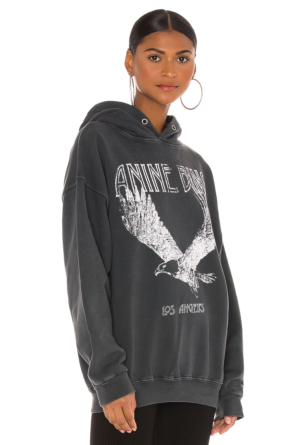 ANINE BING Rowe Eagle Hoodie in Washed Black | REVOLVE