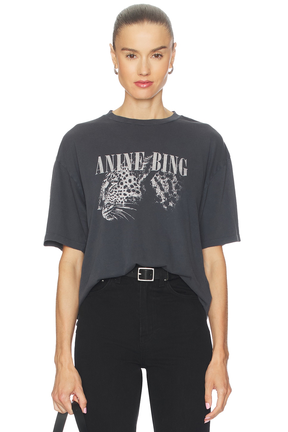 ANINE BING Cohen Leopard Tee in Washed Black | REVOLVE