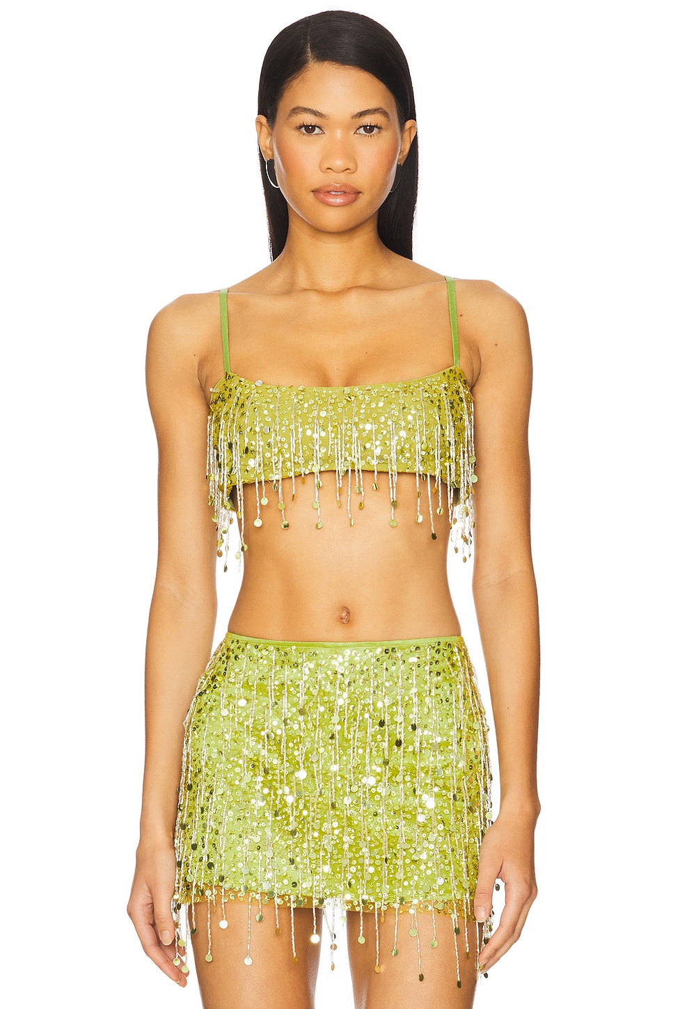 yasmin hand beaded mini dress - chartreuse Asta Resort Yasmin Hand Beaded Bralette & Mini Skirt - Chartreuse