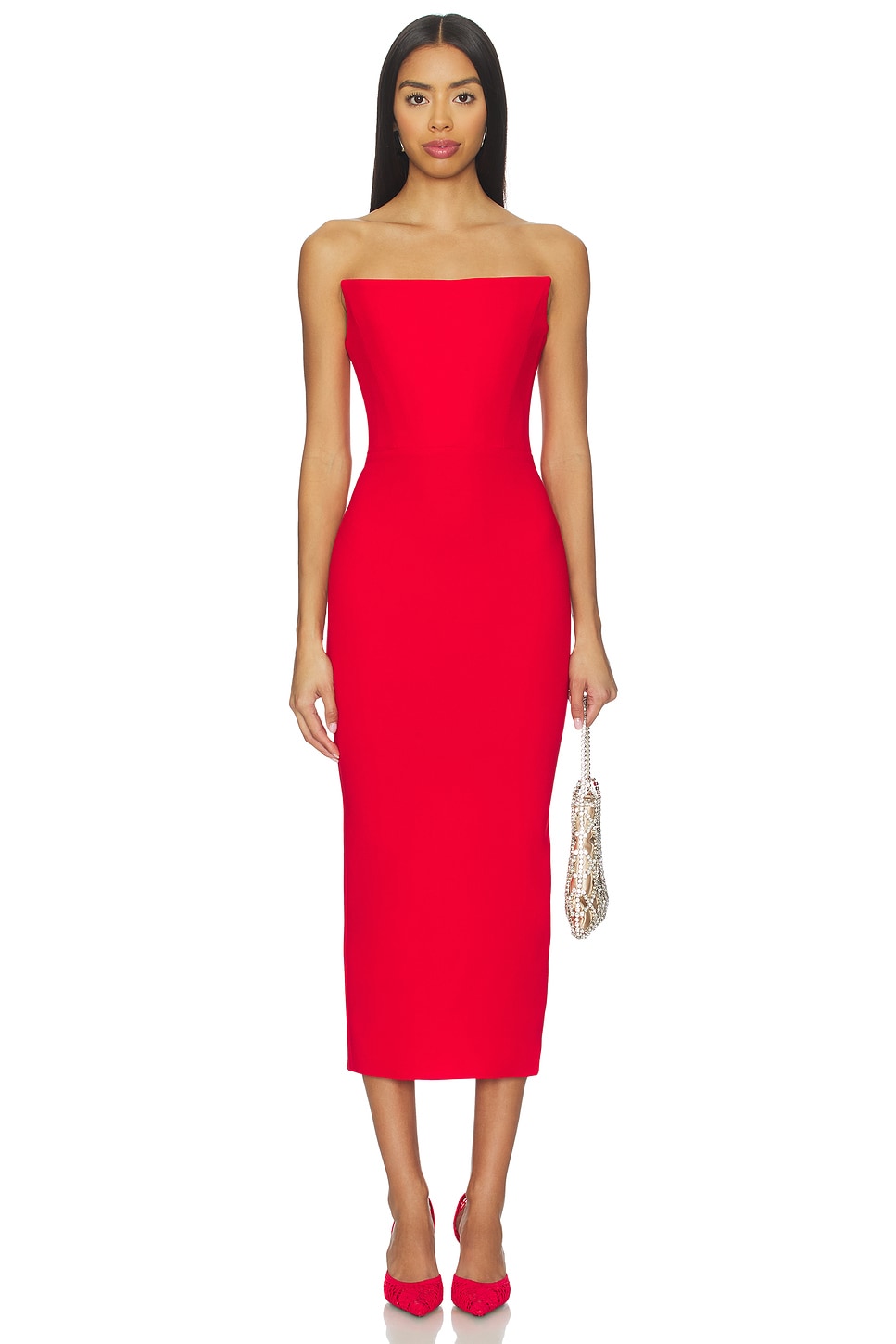 Alex Perry Strapless Stretch Crepe Midi Dress in Red | REVOLVE