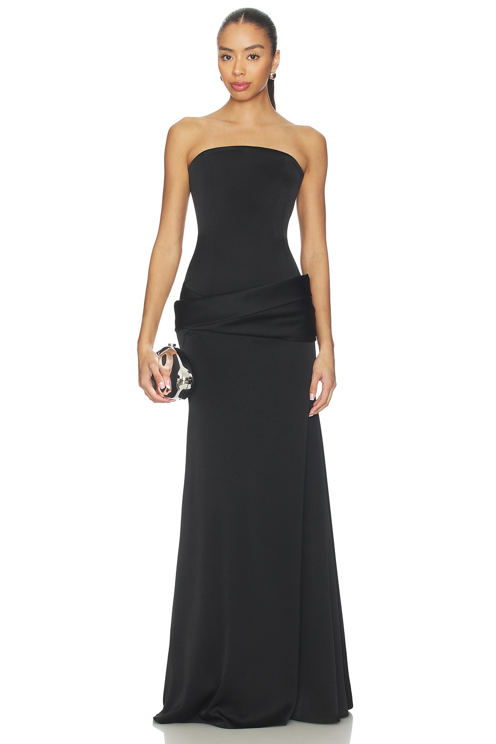 Alex Perry Strapless Curved Corset Drape Gown in Black | REVOLVE