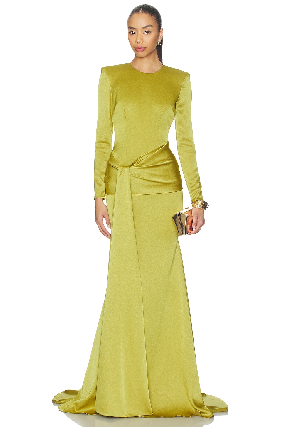 Alex Perry Long Sleeve Drape Sash Gown in Citron | REVOLVE