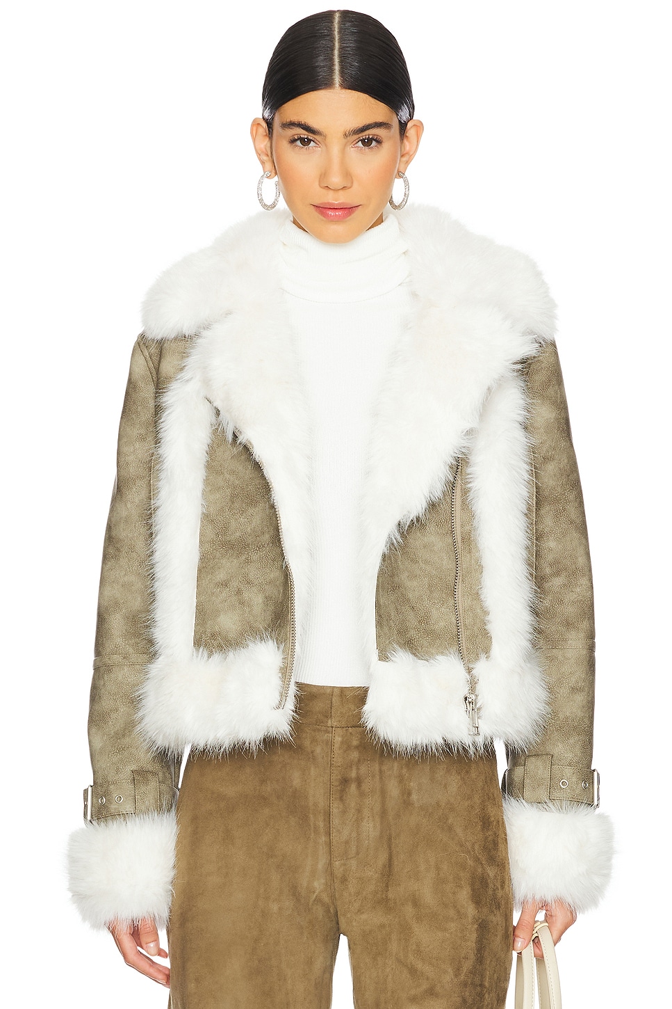 Apparis Jay Distressed Bonded Coat in Sage & Blanc | REVOLVE