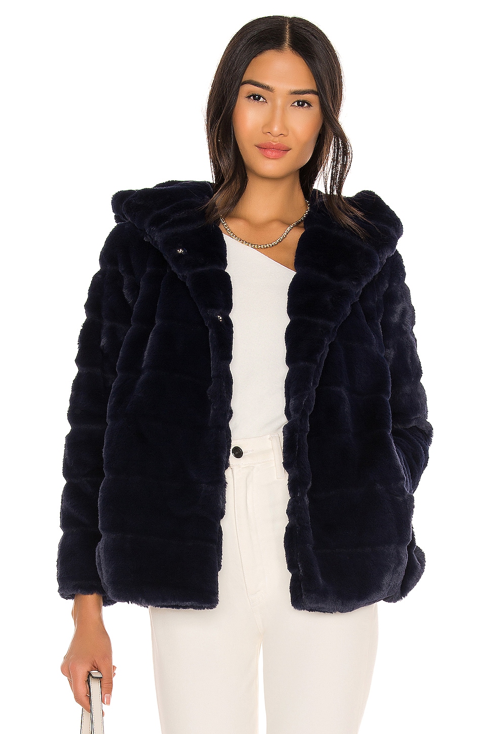 Apparis Goldie Faux Fur Jacket in Navy Blue | REVOLVE