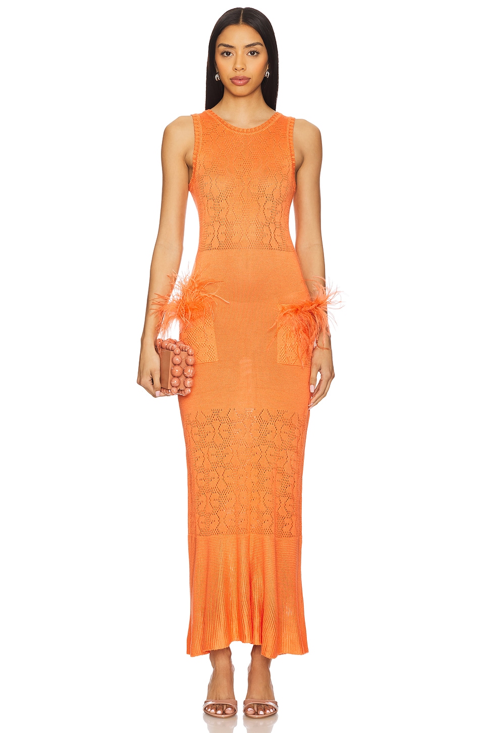 open lace back dress Orange Rhinestone Jersey Long Feather Prom Dress main image 1