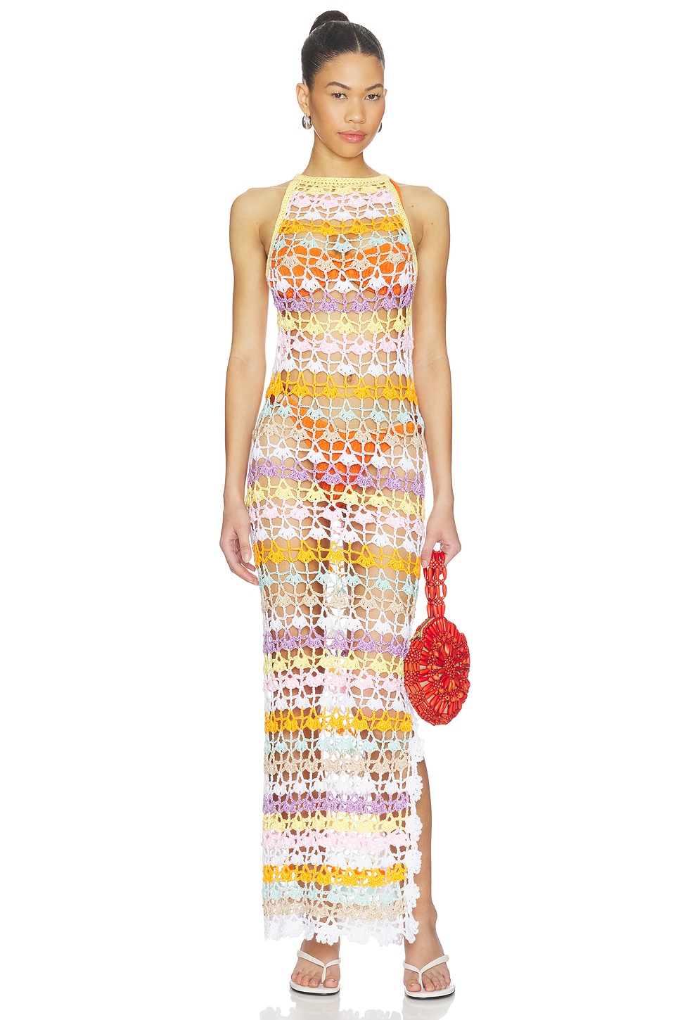 multicolor crochet halterneck dress Women's Light blue/multicolor striped Crochet-Look Halterneck Dress