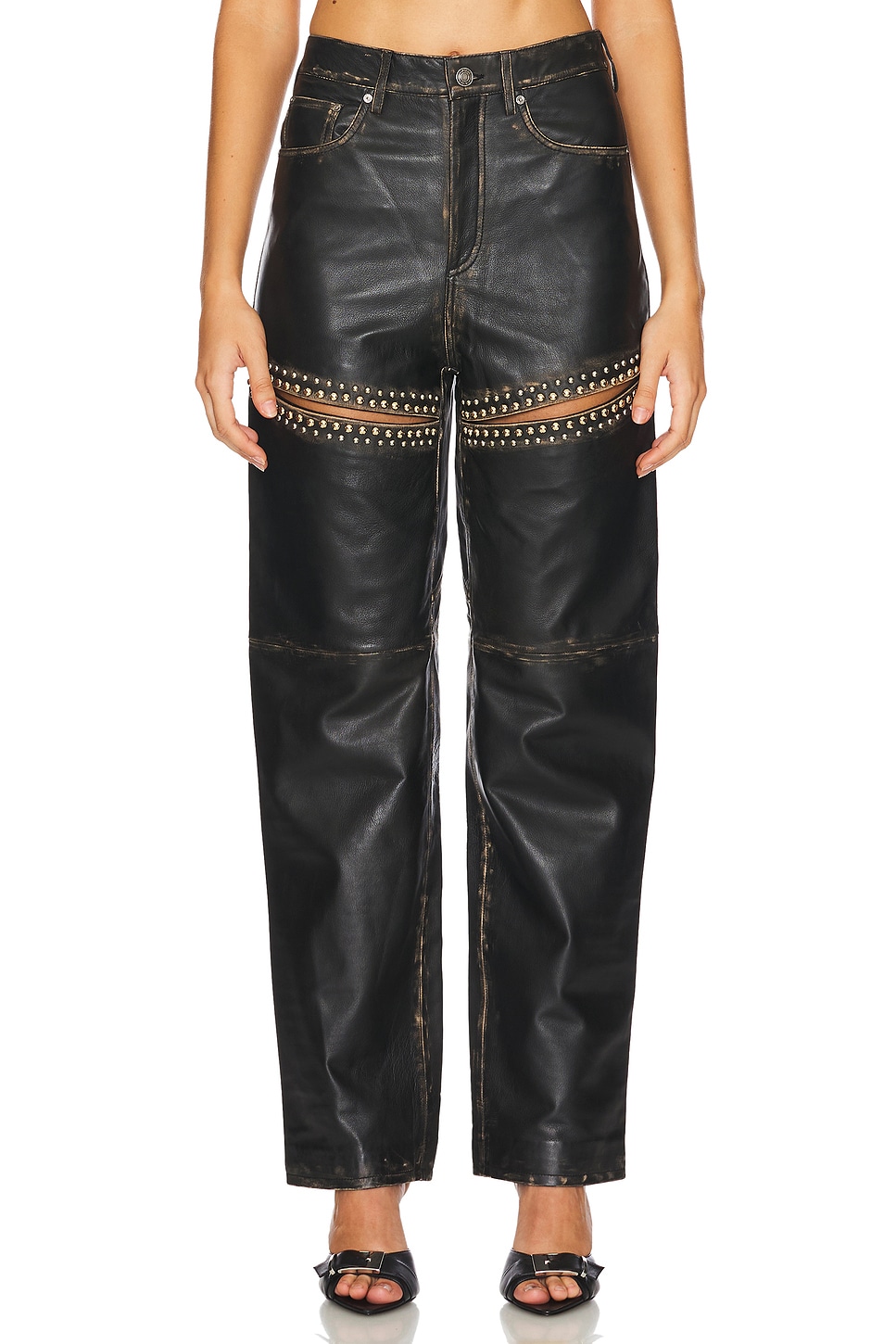 Area Studded Leather Slit Leg Pant