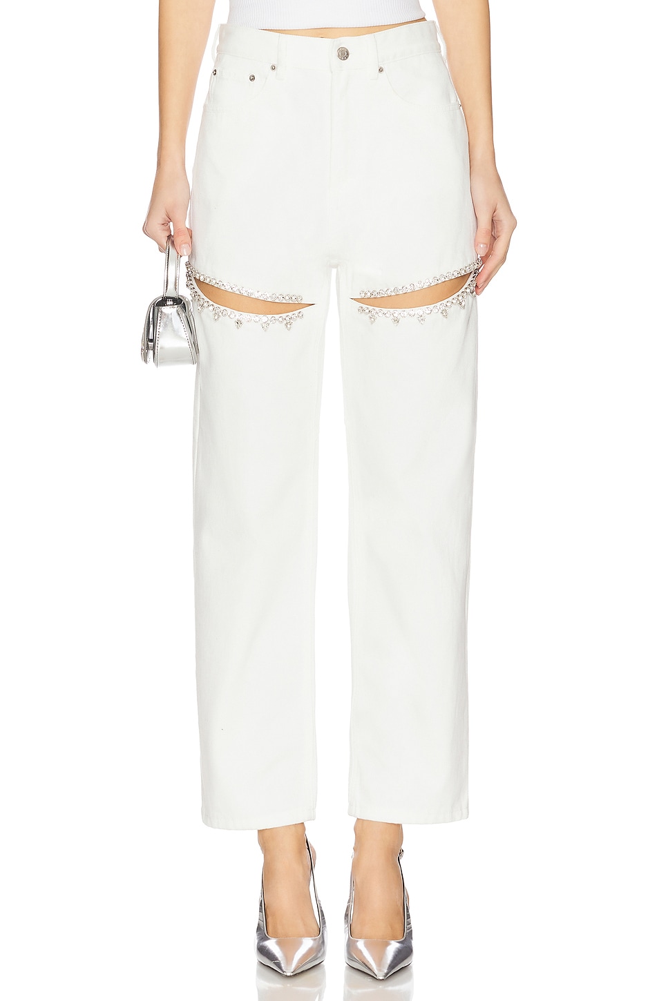 AREA クリスタルスリットジーンズ - White | REVOLVE