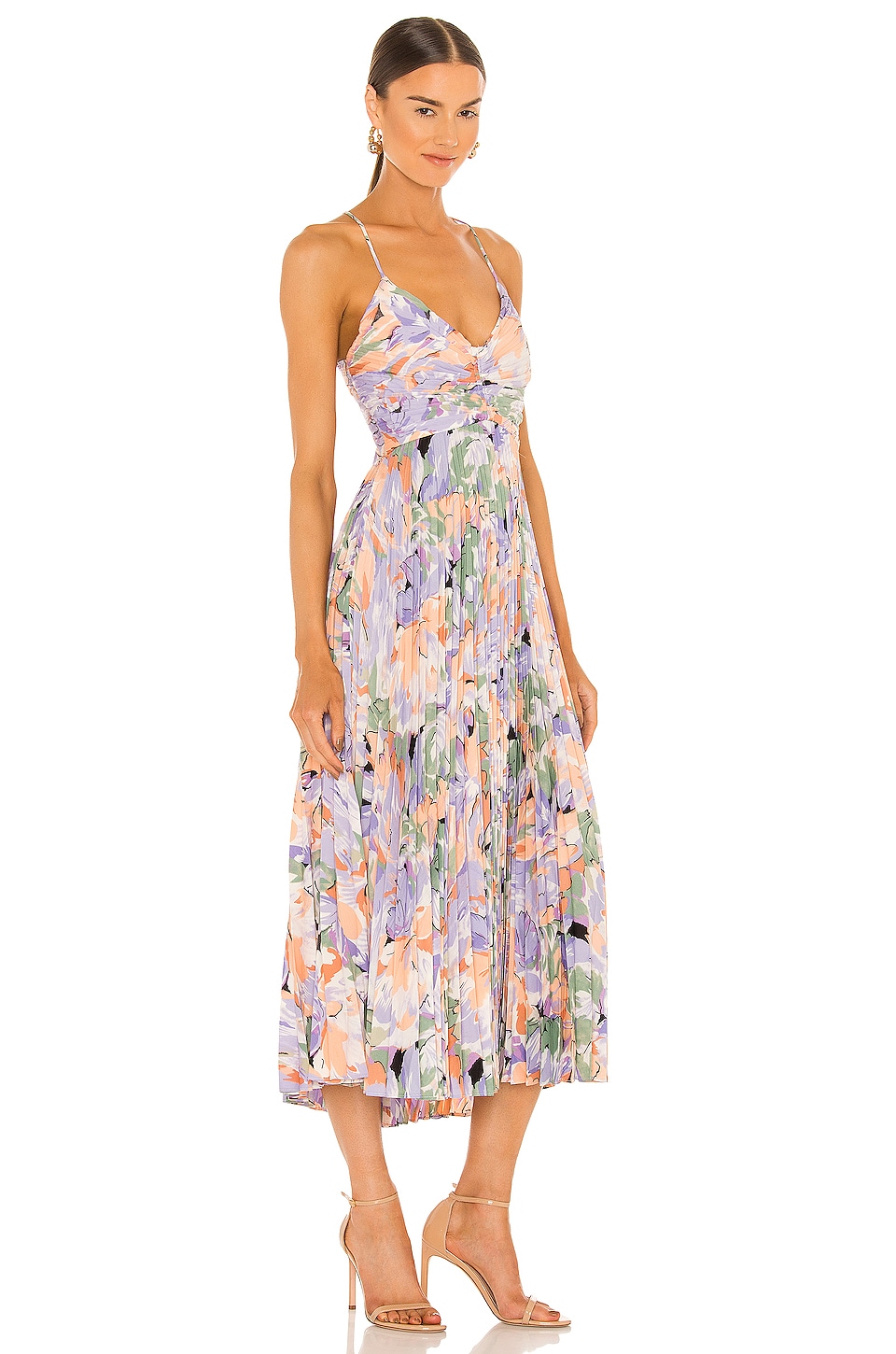 Chic floral midi dress with stiletto heels