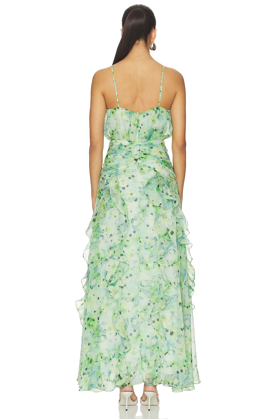 astr green floral dress the Label | Brianna Ruffle Chiffon Maxi in xx_labordaysale2025