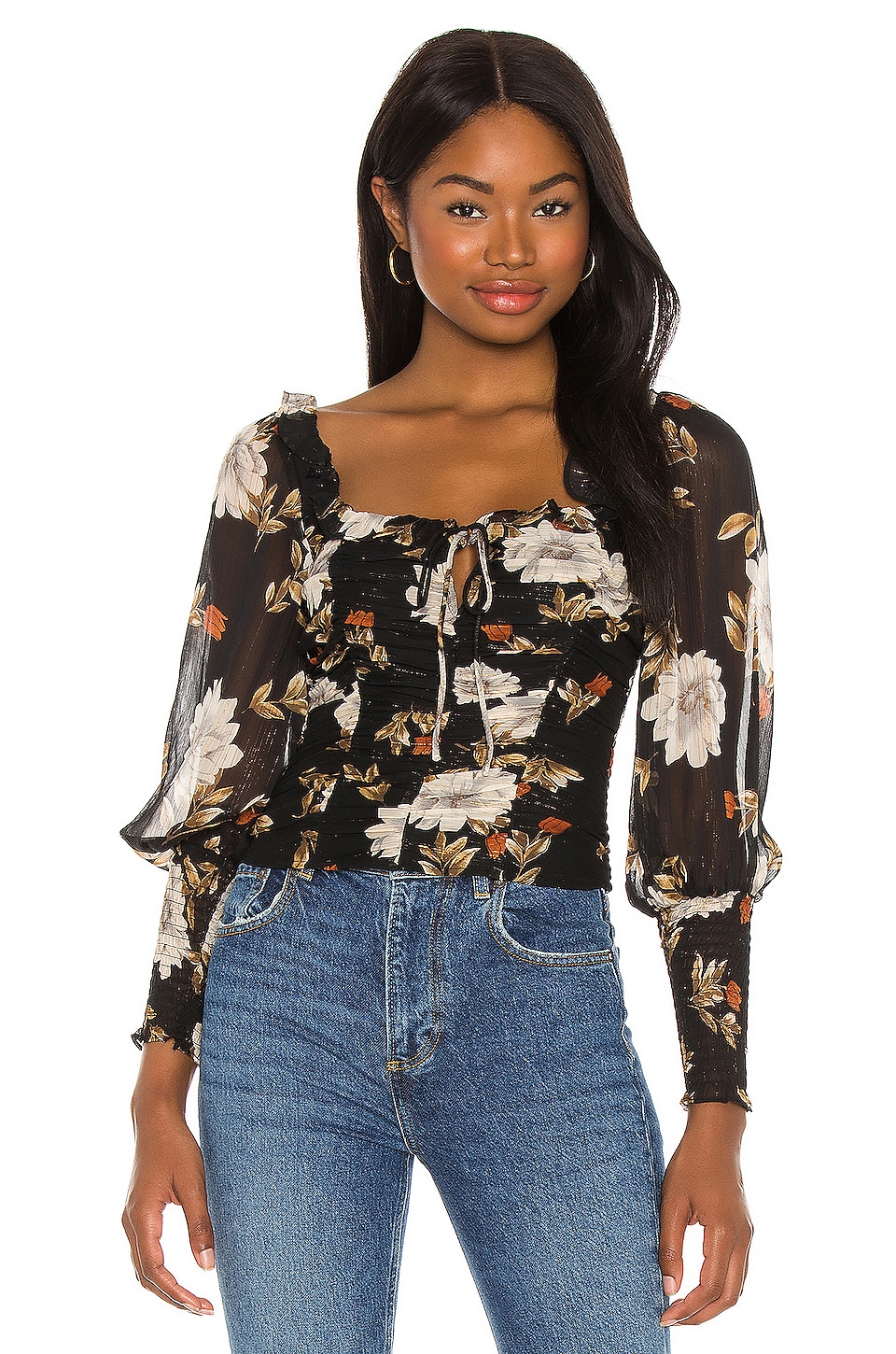 ASTR the Label Square Neck Ruched Top in Black Multi Floral | REVOLVE