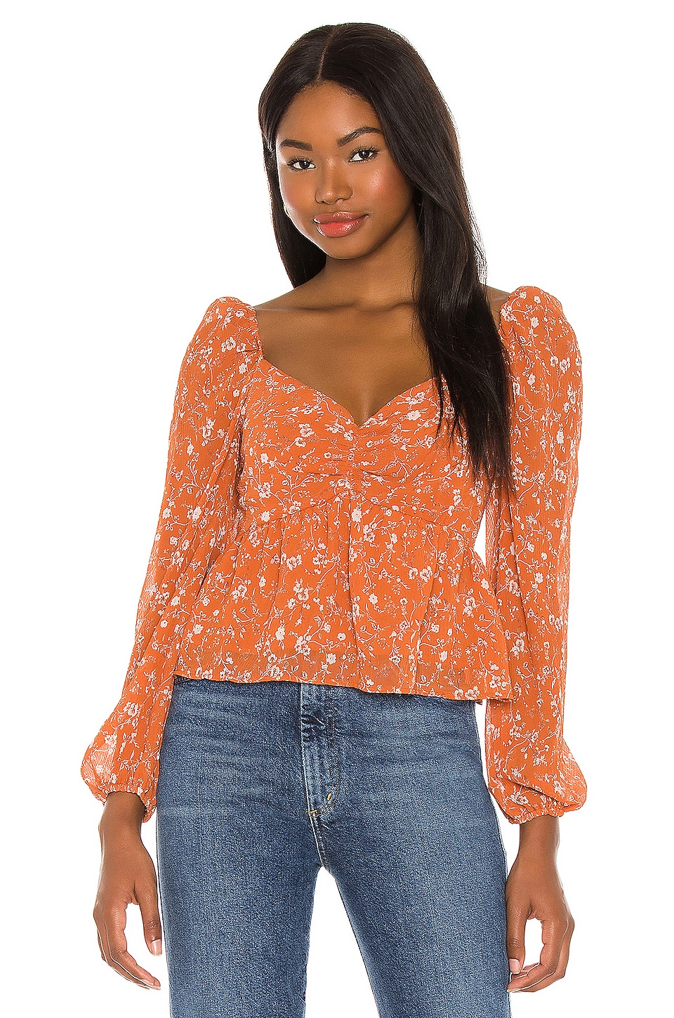 ASTR the Label Long Sleeve Sweetheart Top in Rust Multi Floral | REVOLVE