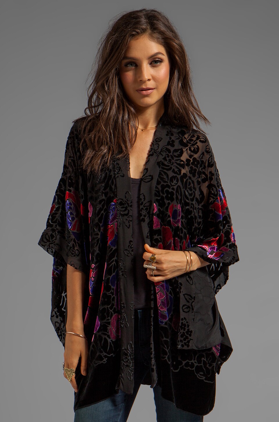 Anna Sui Rose Border Burnout Velvet Open Cardigan in Black Multi