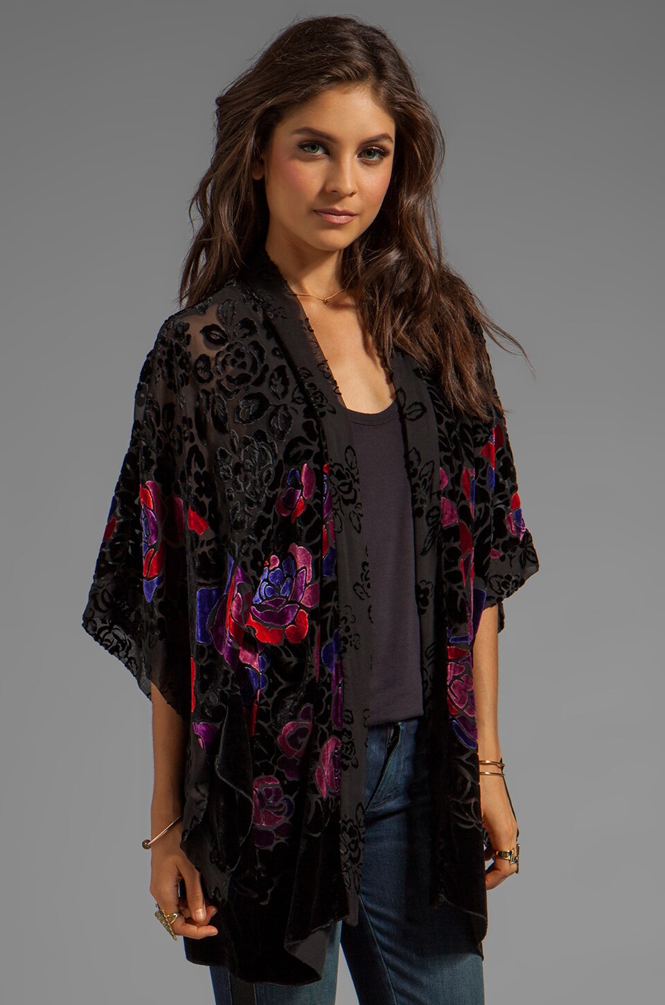 Anna Sui Rose Border Burnout Velvet Open Cardigan in Black Multi