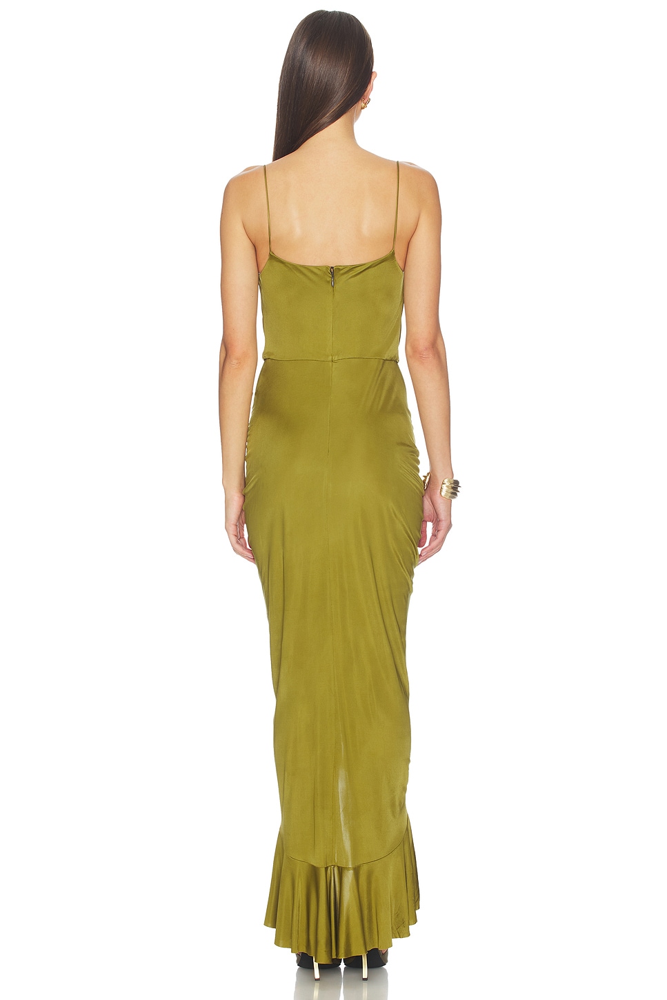 Atlein Ruffle Strappy Long Dress in Vert Militaire | REVOLVE