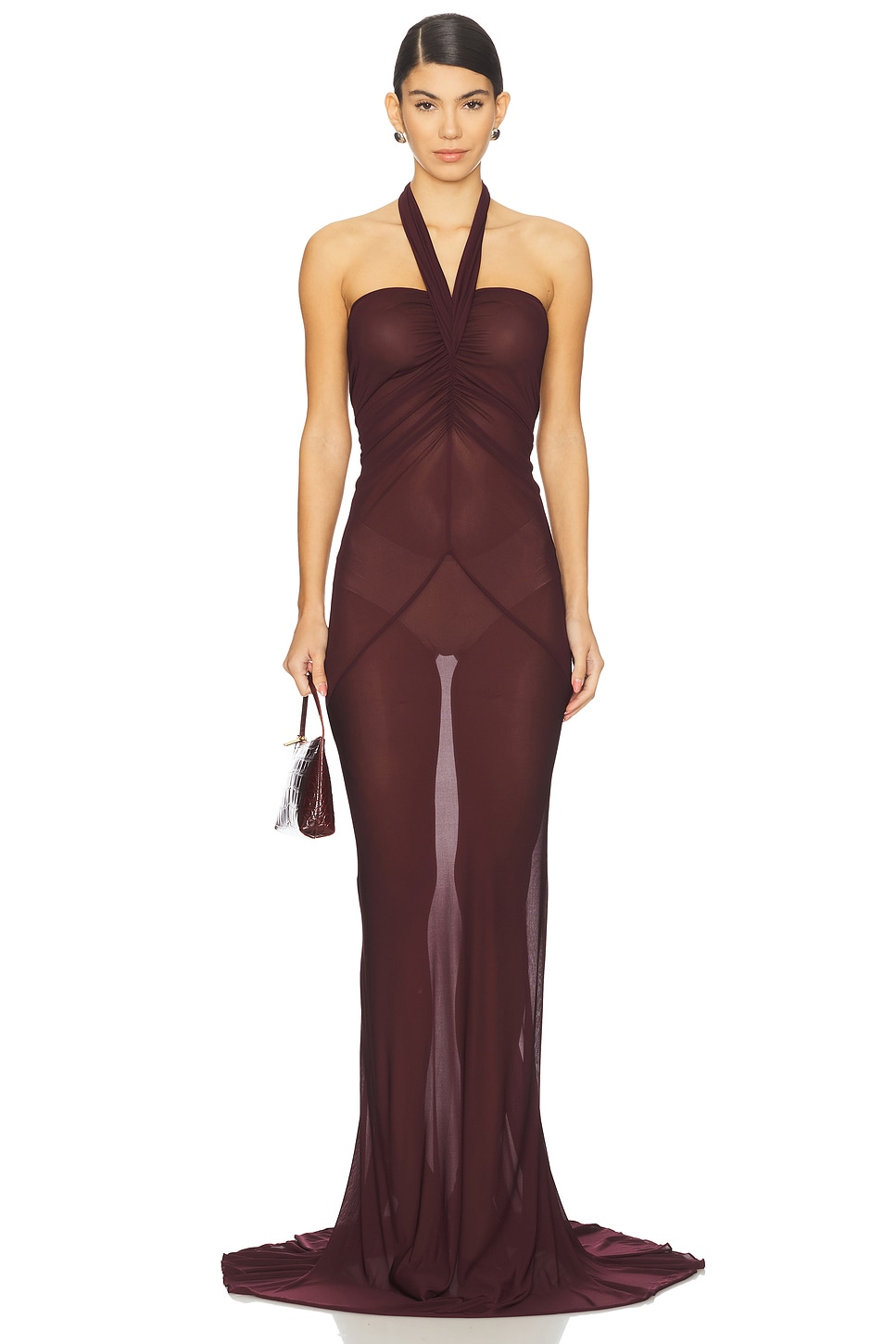 Atlein Halter Neck Ruched Gown in Burgundy