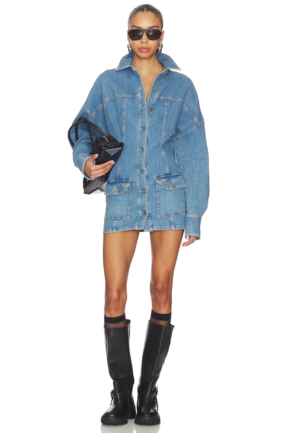 white christmas dresses Threaded Pear Molly Smocked Cuffs Flared Denim Shirt Mini Dress Beau Blue / S main image 1