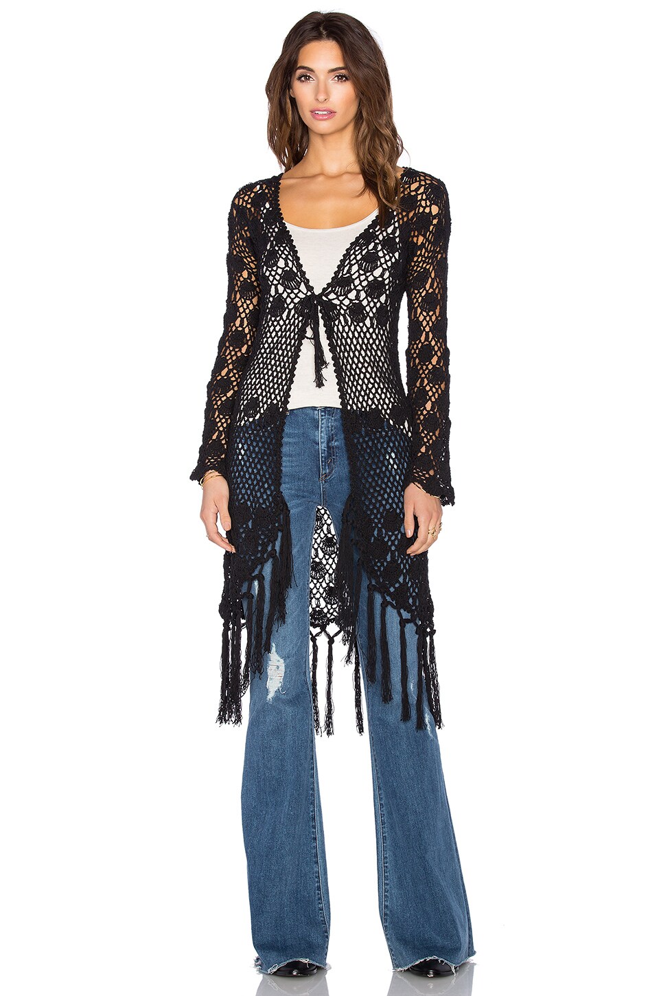 AUGUSTE Crochet Tassel Cardigan in Black REVOLVE