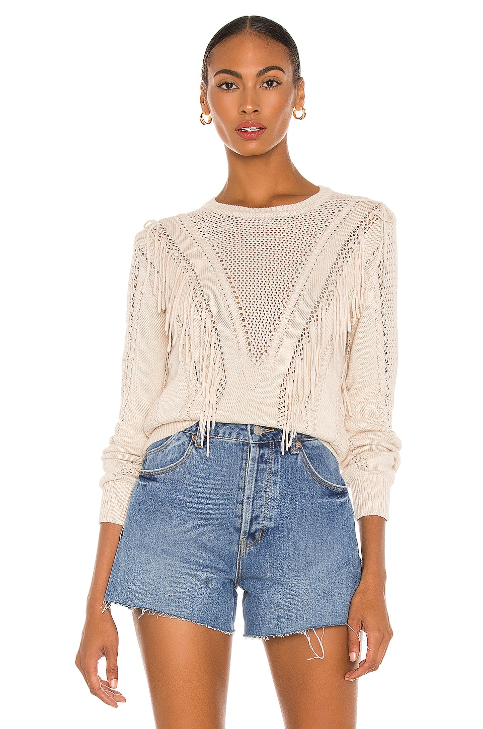 Autumn Cashmere Cable & Mesh Fringe Crew Sweater in Natural