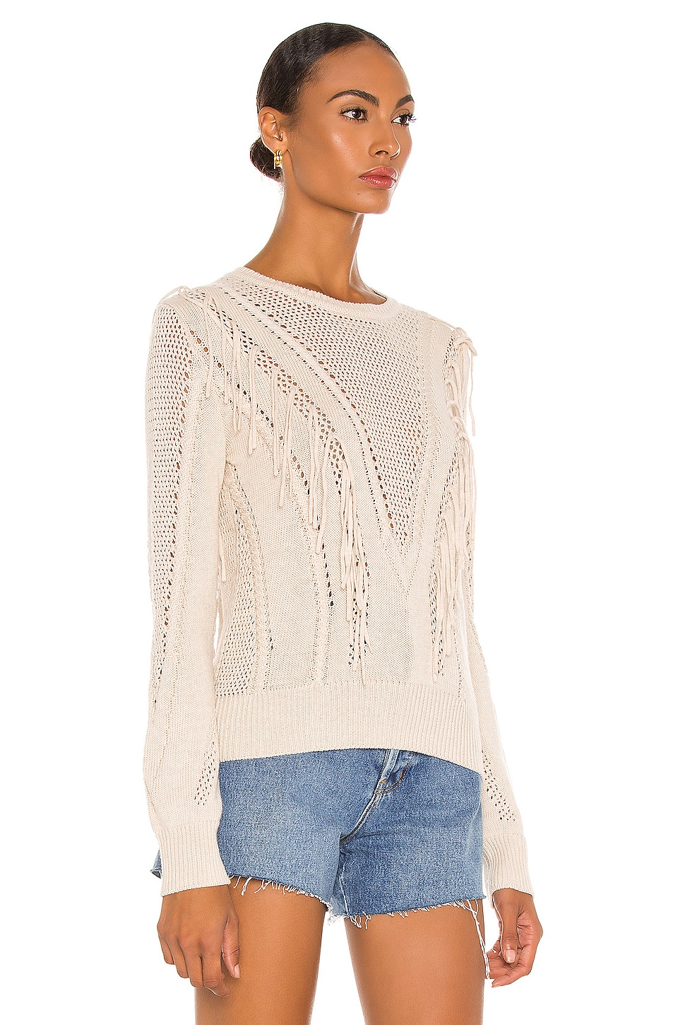 Autumn Cashmere Cable & Mesh Fringe Crew Sweater in Natural | REVOLVE