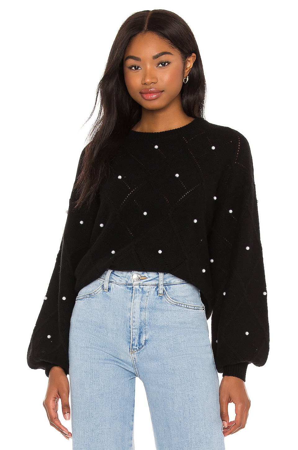 Autumn Cashmere Puff Sleeve Pointelle With Pearls Sweater in Black ...