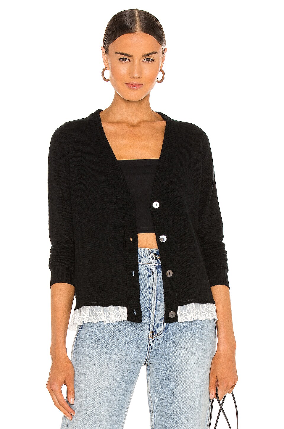 Autumn Cashmere Lace Trimmed Loose GG Cardigan in Black | REVOLVE