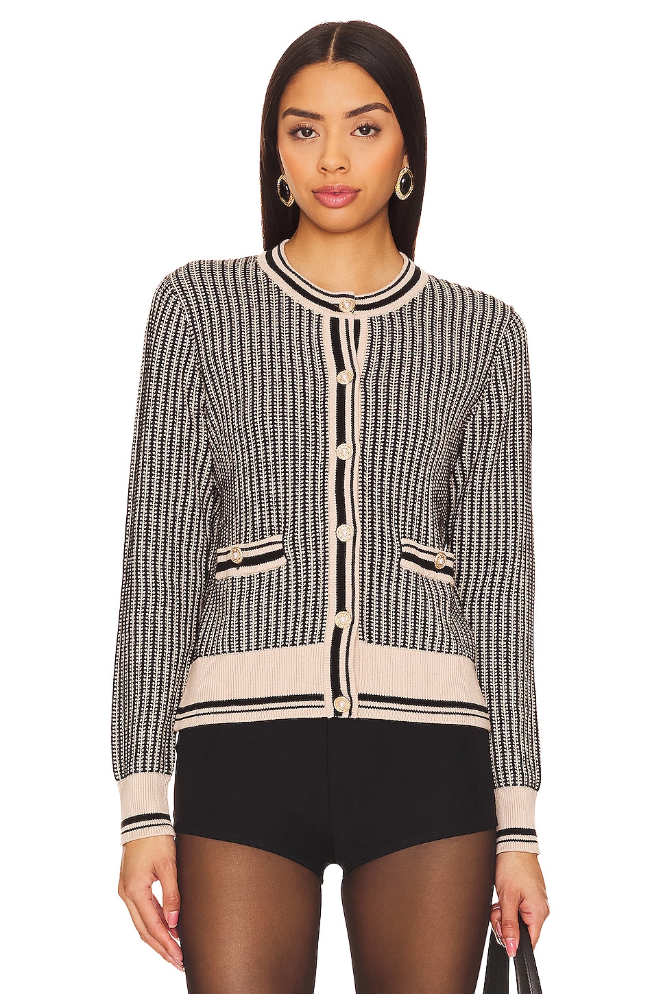 Autumn Cashmere Textured Two Tone Cardigan in Latte & Black